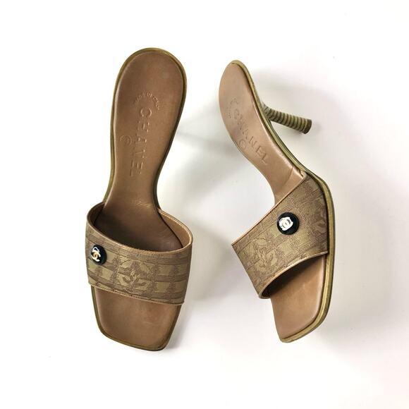 Vintage Chanel Interlocking CC Monogram Satin Slip On Mules Sandals 36.5 - Picture 1 of 11